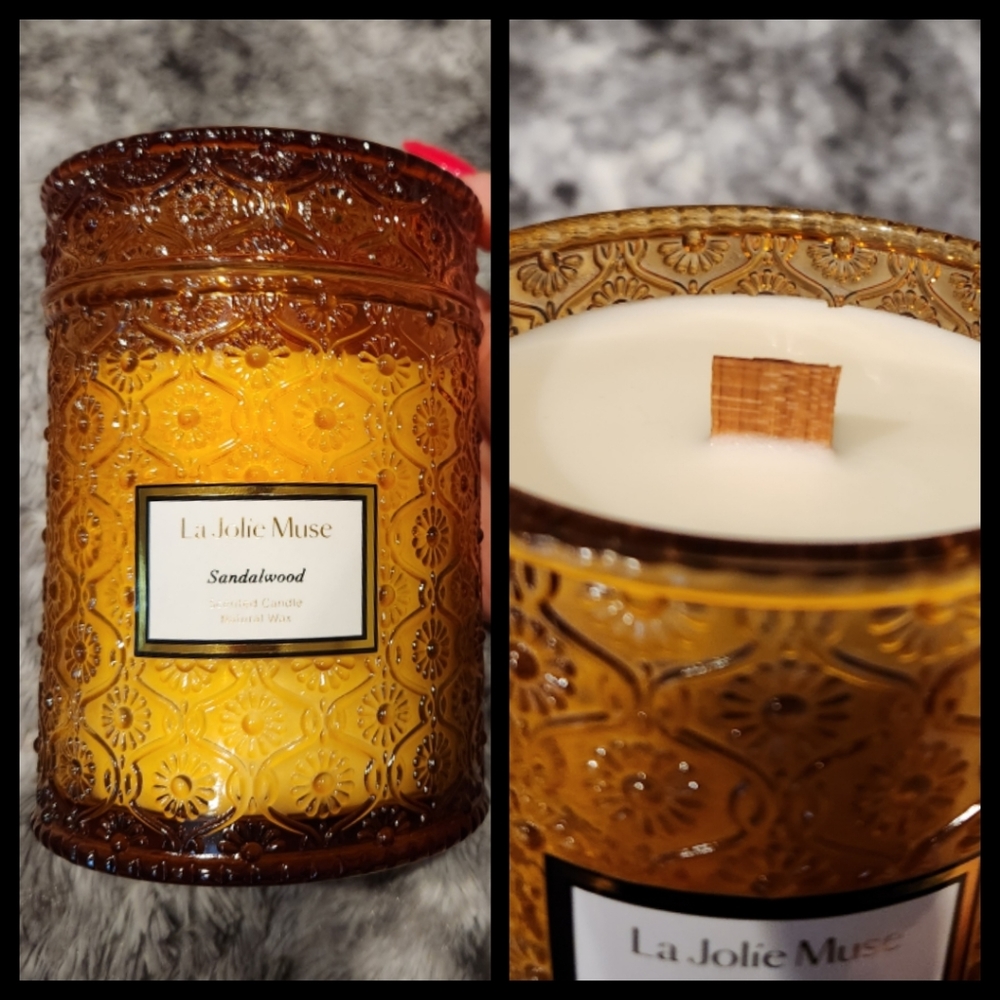 Candle, Sandalwood scented, La Jolie Muse, wood wick, natural wax, essential oil